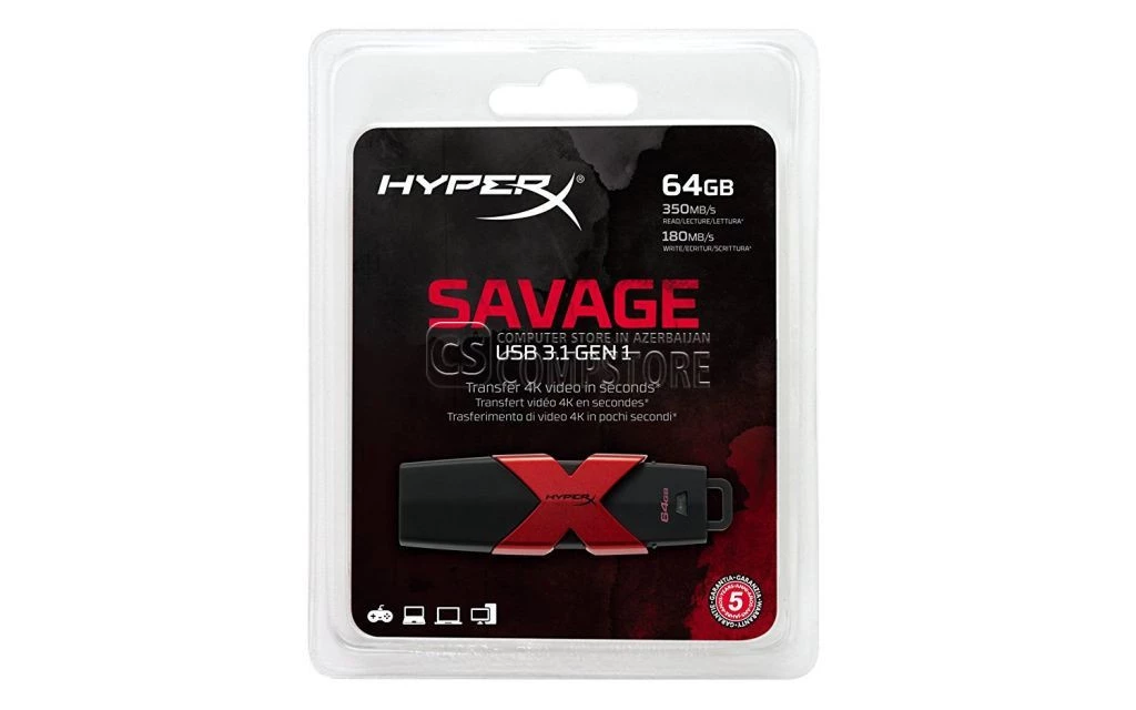 Kingston Digital HyperX Savage 64GB USB Flash Drive 3.1/3.0 350MB/s R, 180MB/s W (HXS3/64GB)