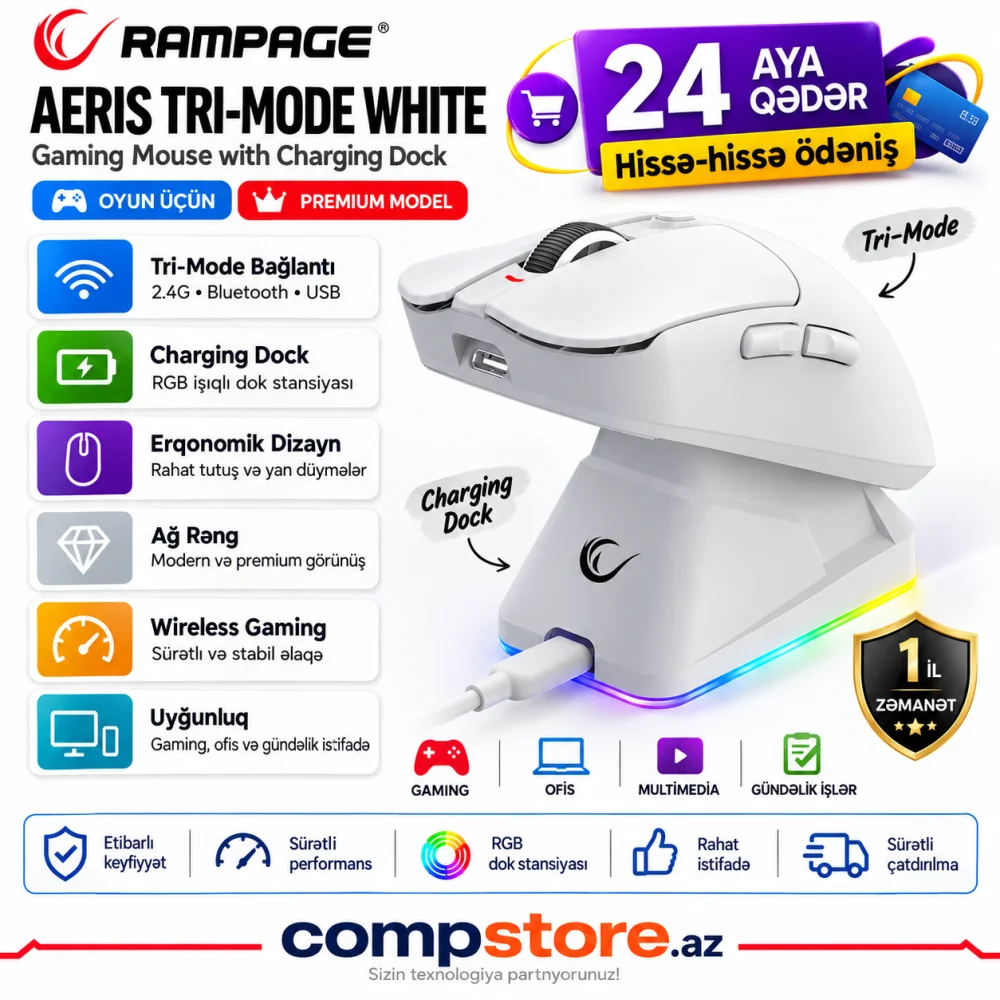 Rampage Aeris Tri-Mode White Gaming Mouse with Charging Dock