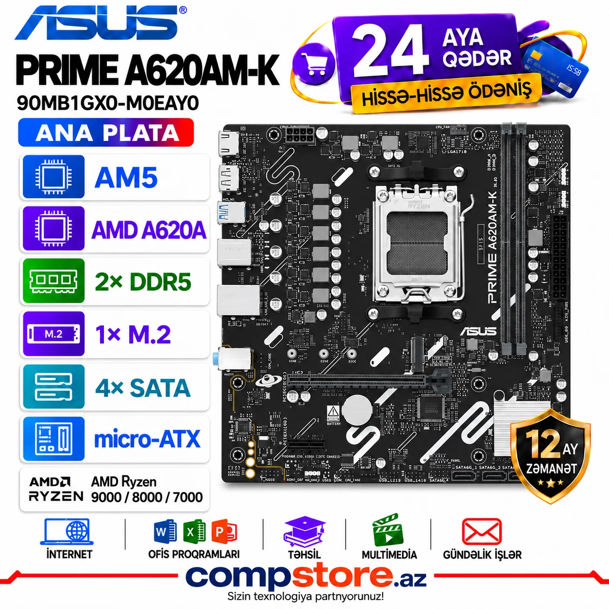 ASUS PRIME A620AM-K &mdash; AM5, 2&times; DDR5 DIMM, 1&times; M.2