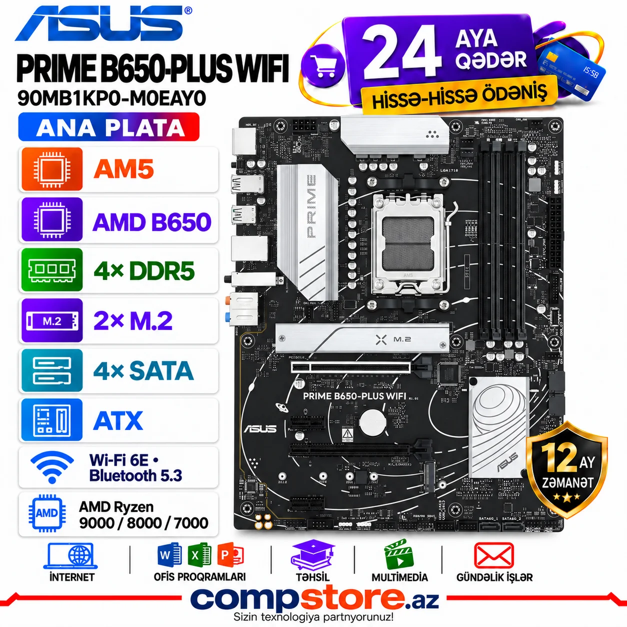 ASUS PRIME B650-PLUS WIFI &mdash; AM5, 4&times; DDR5 DIMM, 2&times; M.2