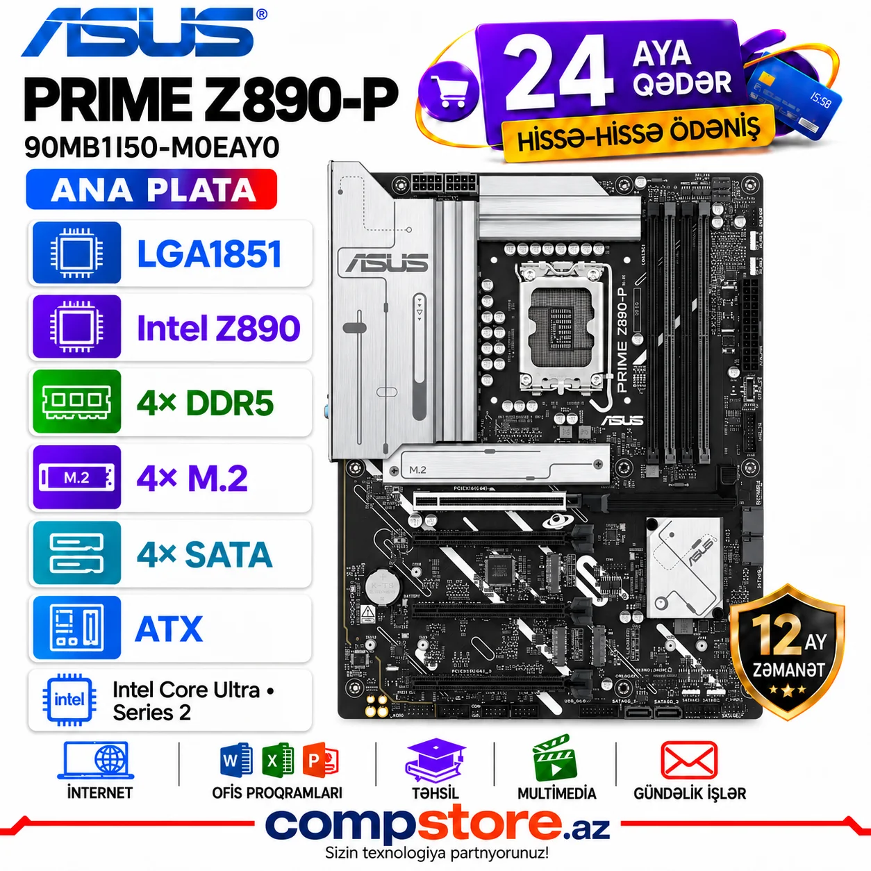 ASUS PRIME Z890-P &mdash; LGA1851, 4&times; DDR5 DIMM, 4&times; M.2