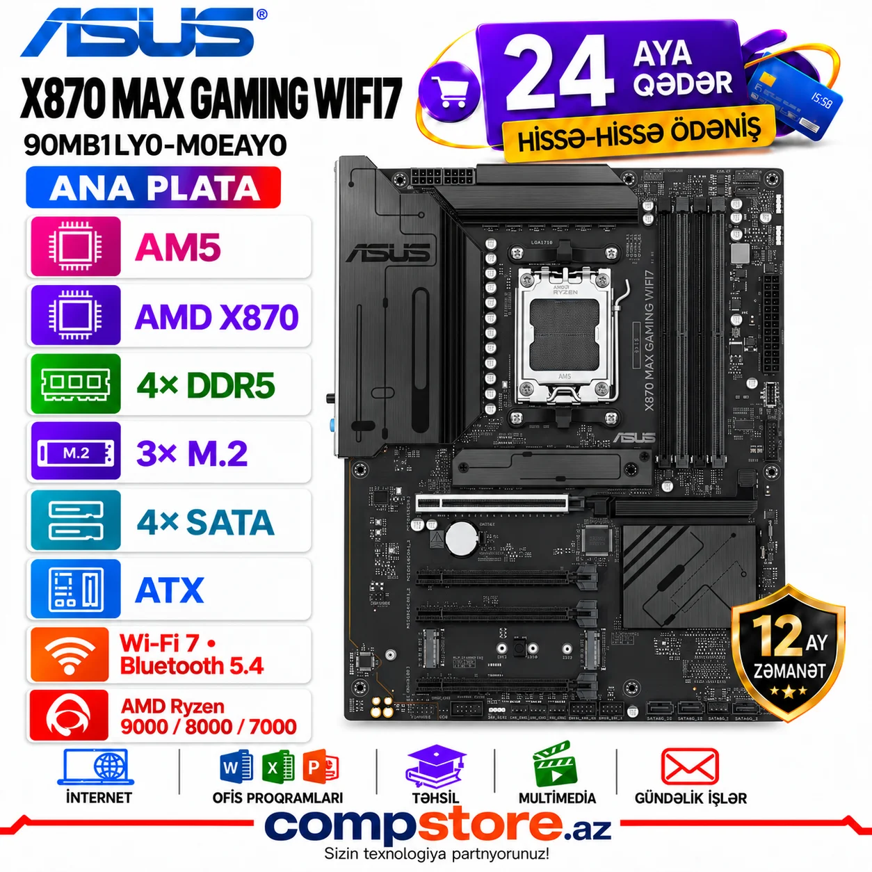 ASUS X870 MAX GAMING WIFI7 &mdash; AM5, 4&times; DDR5 DIMM, 3&times; M.2