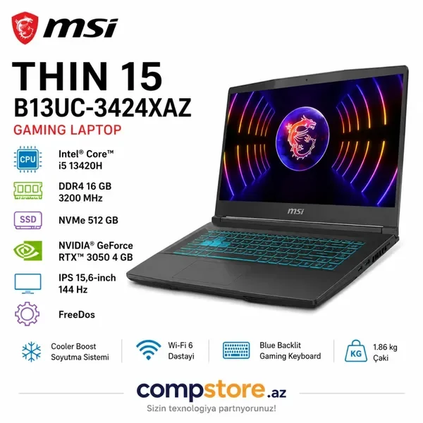MSI Thin 15 B13UC-3424XAZ (9S7-16R831-3424) Gaming Laptop