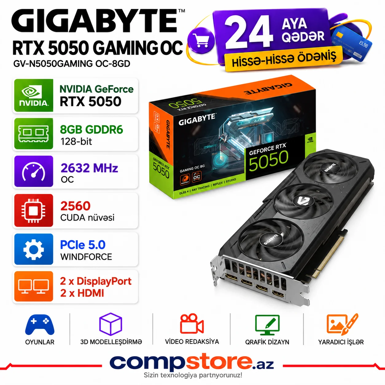 Gigabyte GeForce RTX 5050 GAMING OC 8GB (GV-N5050GAMING OC-8GD) Videokart